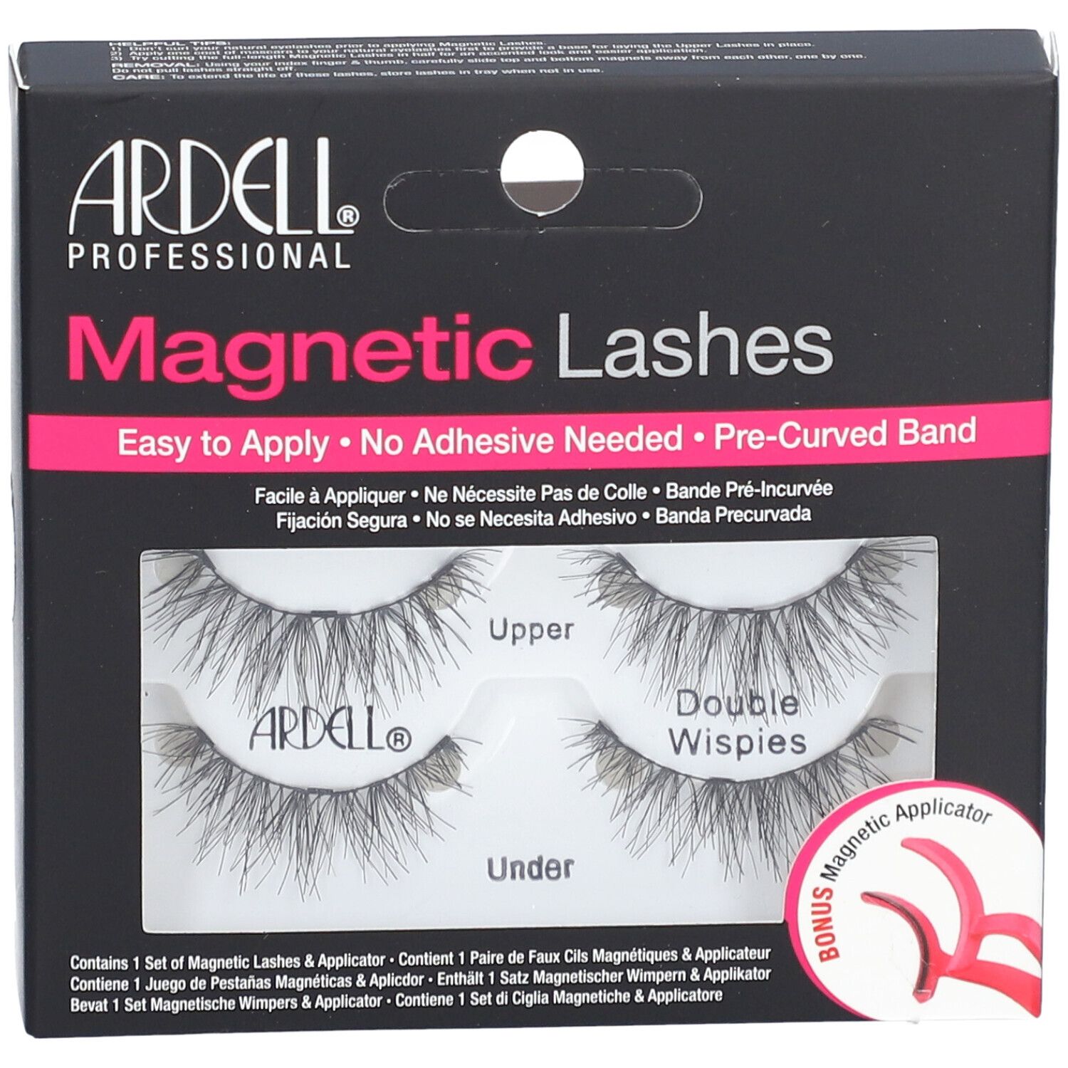 Boîte noire avec cils. "Magnetic Lashes" et "Double Wispies" visibles. Comprend un applicateur.