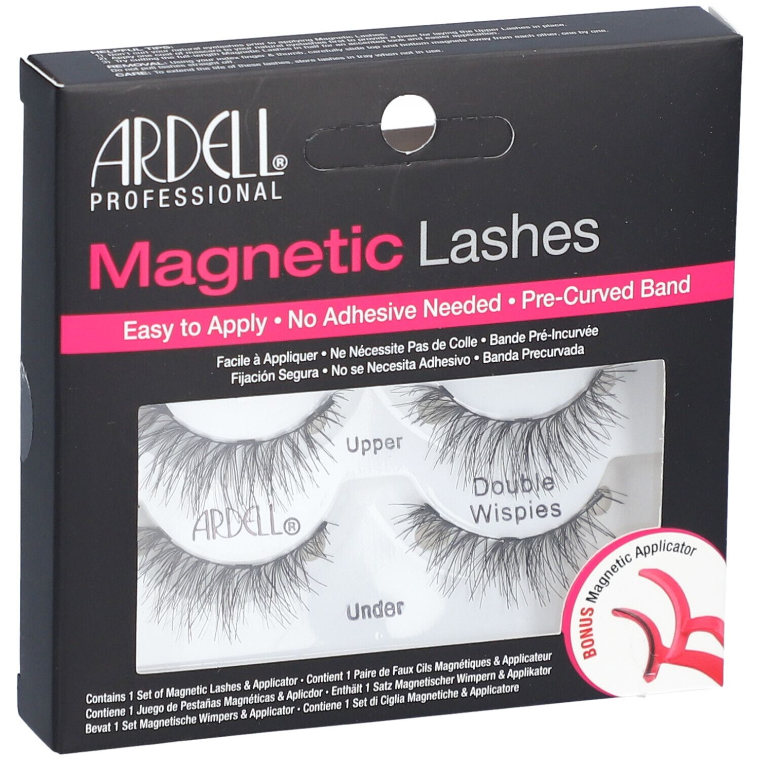Boîte noire avec cils. "Magnetic Lashes" et "Double Wispies" visibles. Comprend un applicateur.