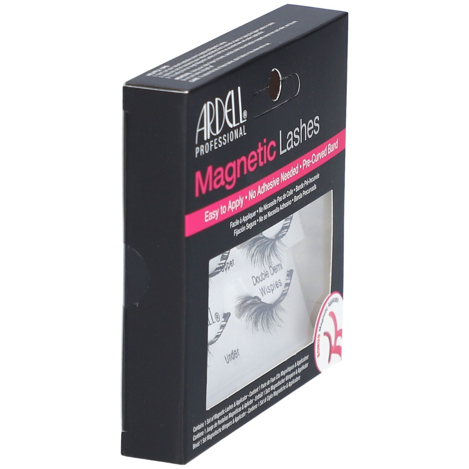 Boîte noire avec cils magnétiques. Texte: ARDELL Magnetic Lashes. Vue latérale, trou pour accrocher.