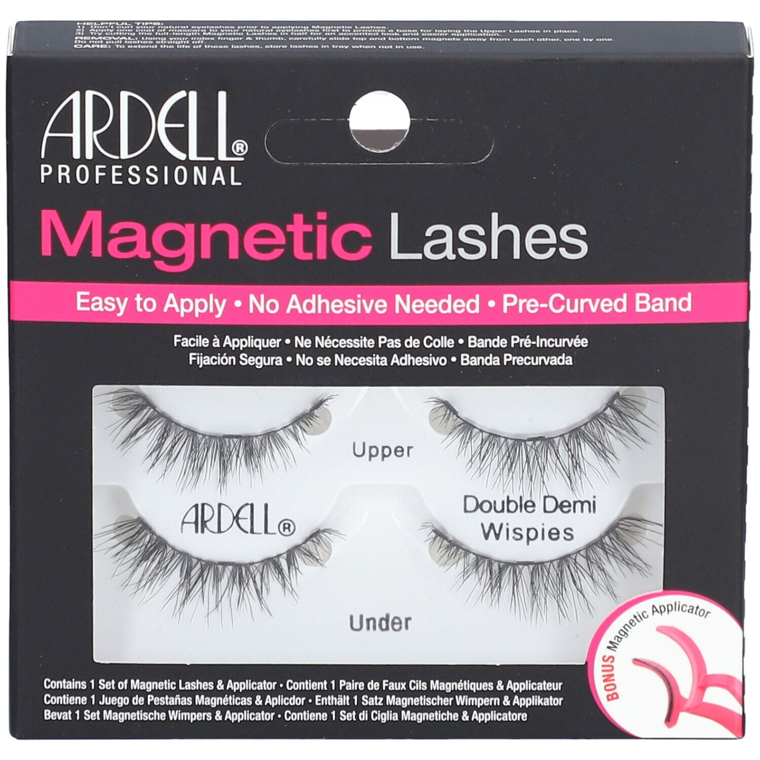 Boîte noire avec cils magnétiques. Texte: ARDELL Magnetic Lashes. Contient cils et applicateur.