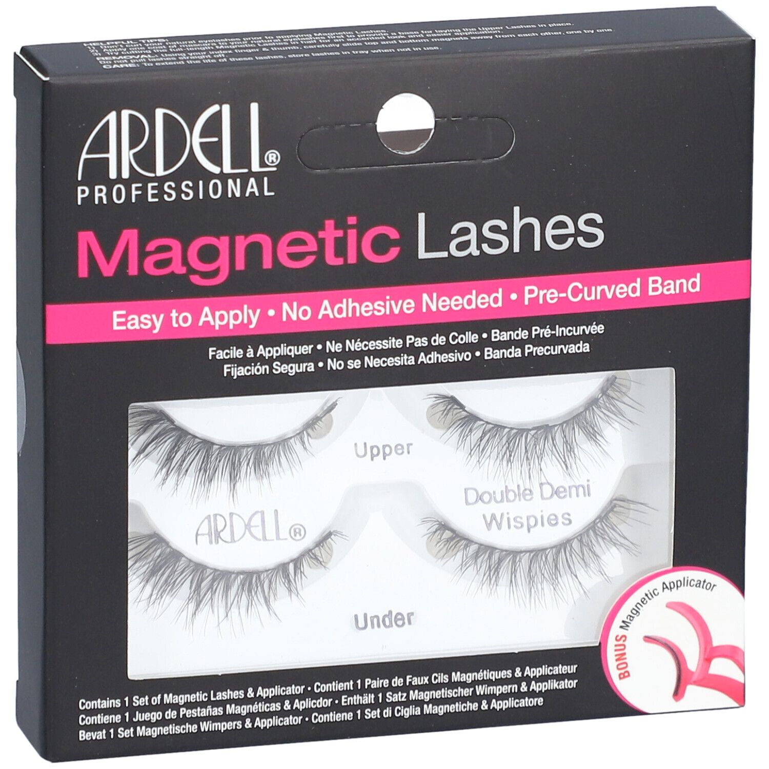Boîte noire avec cils magnétiques. Texte: ARDELL Magnetic Lashes. Contient cils et applicateur.