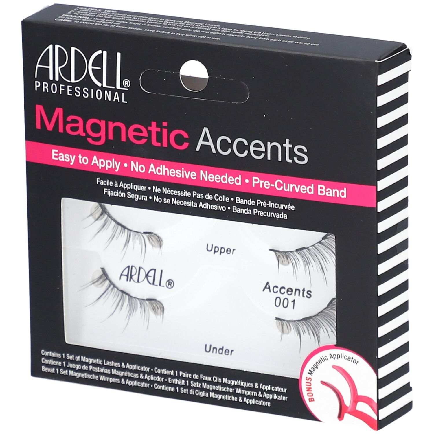 Ardell Magnetic Accents Magnetwimpern Typ 001 in Verpackung. Schwarze Schachtel mit Produktnamen und Wimpern-Abbildung.