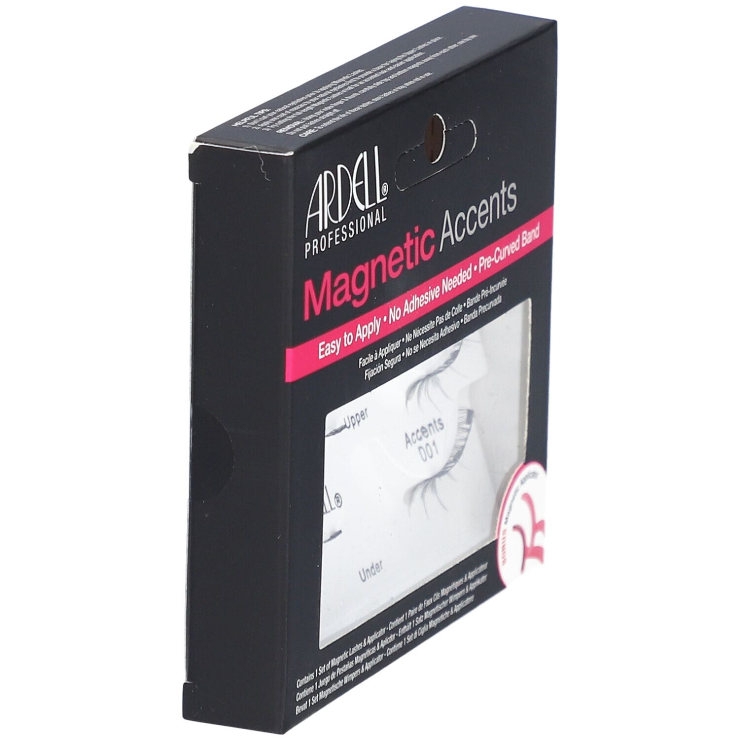 Ardell Magnetic Accents Verpackung, Seitenansicht. Schwarze Schachtel mit Produktnamen und Fenster für Wimpern.