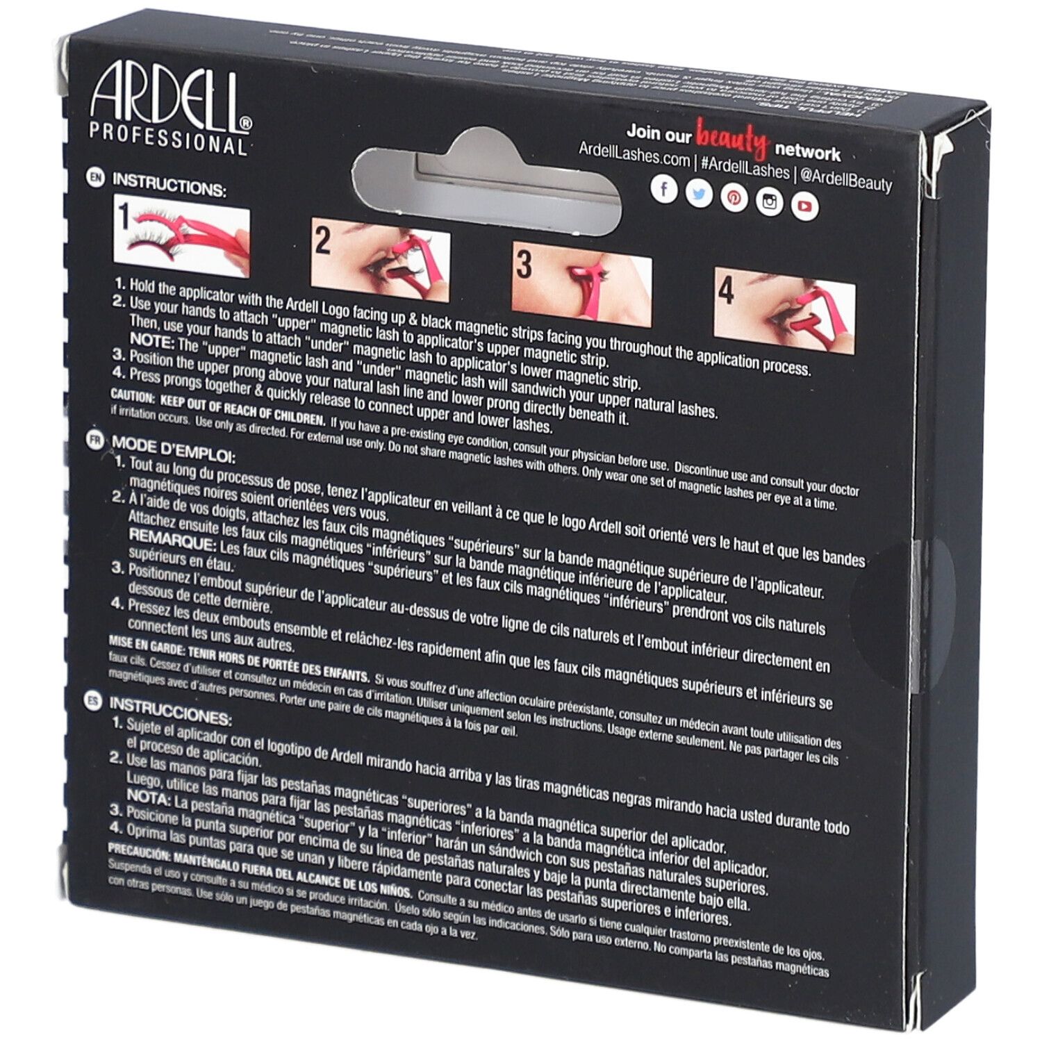 Rückseite der Ardell Magnetic Accents Verpackung. Anweisungen und Produktinformationen in mehreren Sprachen.