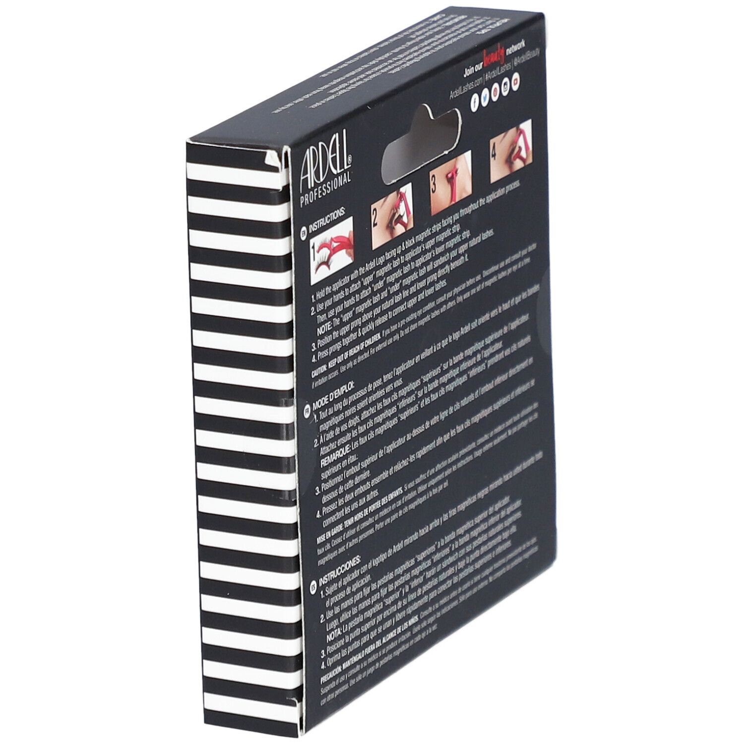 Seitenansicht der Ardell Magnetic Accents Verpackung. Schwarze Schachtel mit Produktinformationen und Anweisungen.
