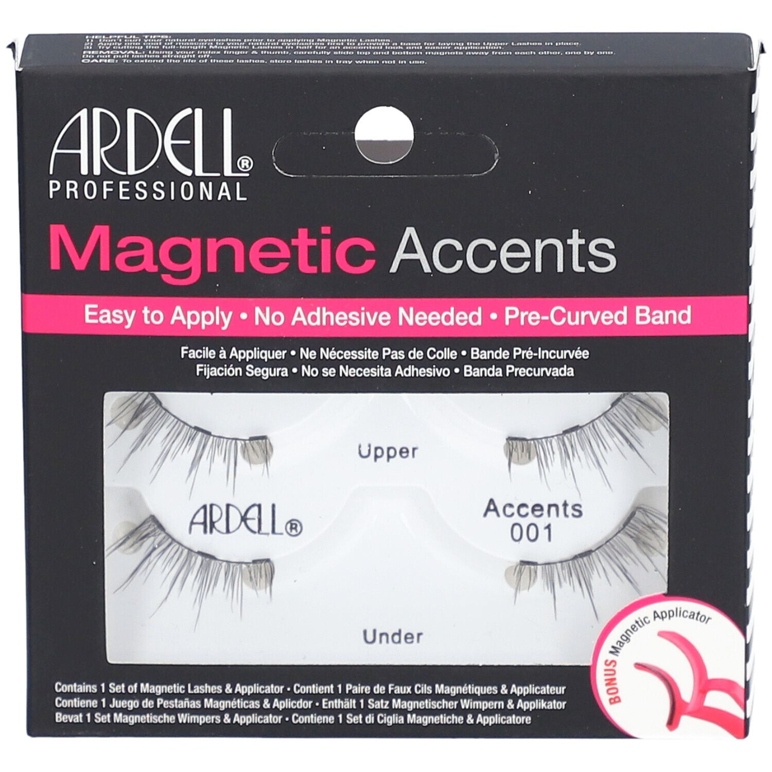 Ardell Magnetic Accents Magnetwimpern Typ 001 in Verpackung. Schwarze Schachtel mit Produktnamen und Wimpern-Abbildung.