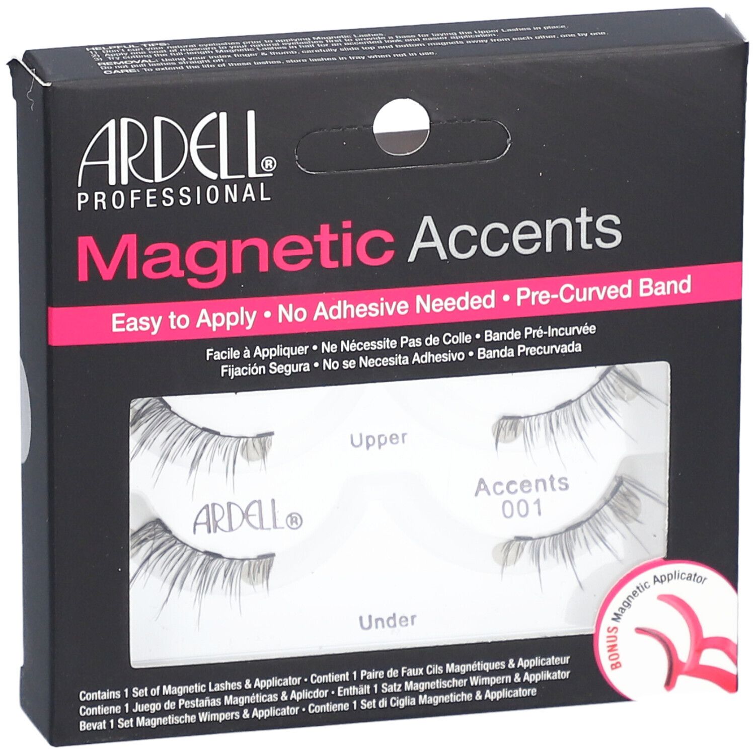 Ardell Magnetic Accents Magnetwimpern Typ 001 in Verpackung. Schwarze Schachtel mit Produktnamen und Wimpern-Abbildung.