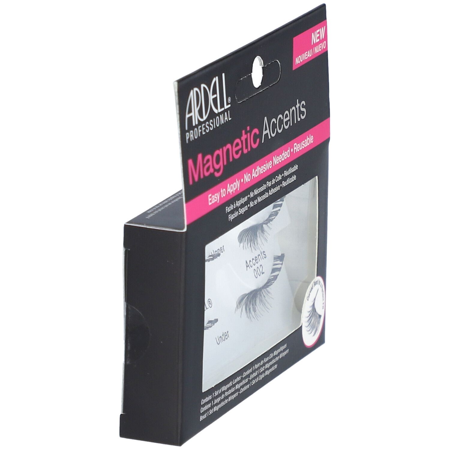 Ardell Magnetic Accents, ensemble de cils. Emballage noir, vue latérale. Contient cils supérieurs et inférieurs. "Easy to Apply".