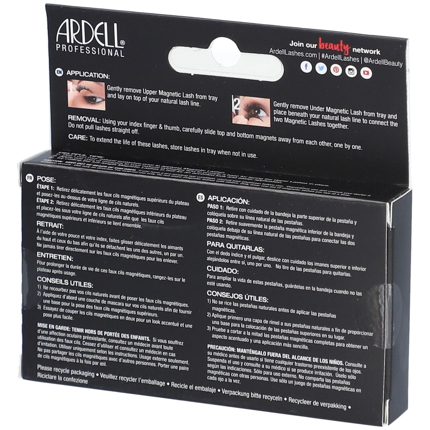 Dos de l'emballage Ardell Magnetic Accents. Instructions d'utilisation et ingrédients. Texte en allemand, anglais, espagnol et français.