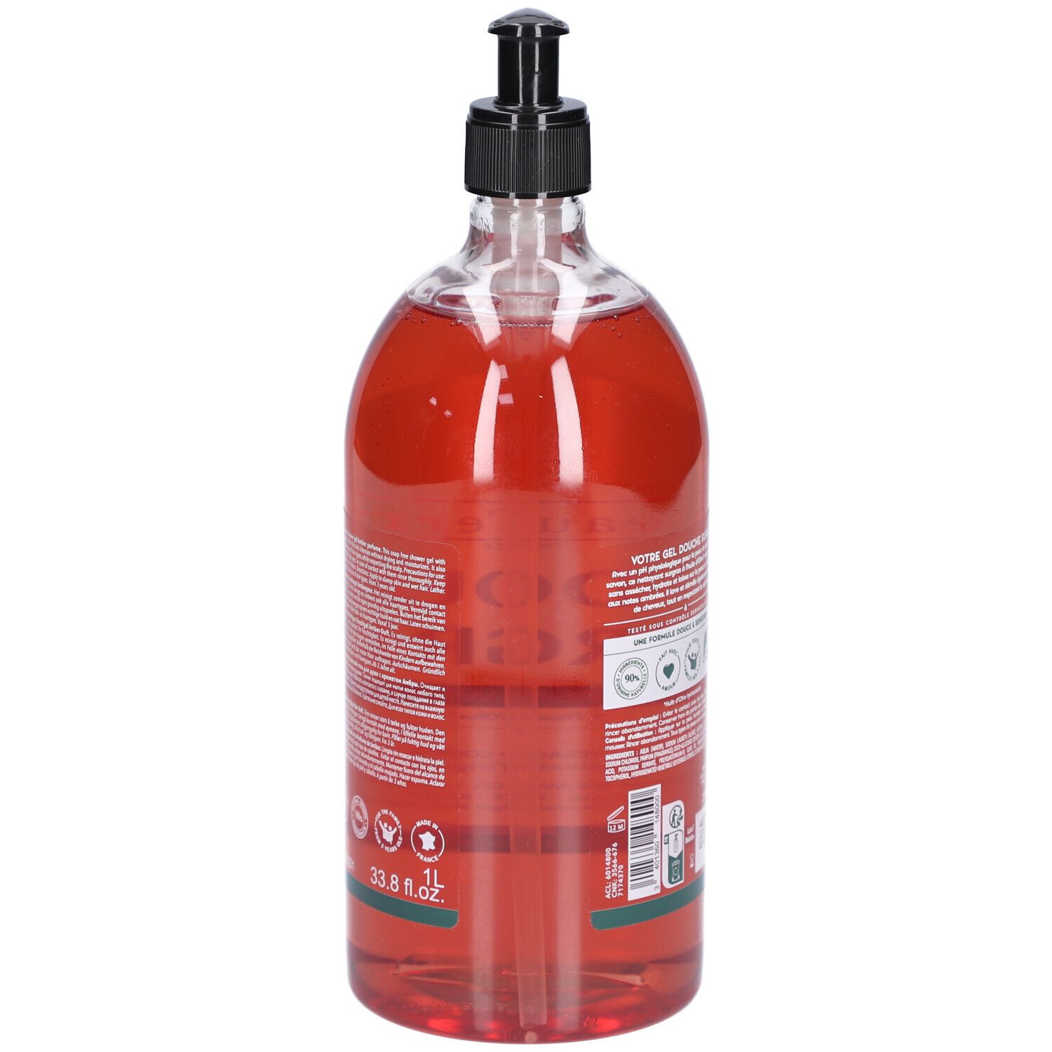 Rückseite der transparenten Flasche mit rotem Duschgel. Schwarzer Spender. Text und Logos. 1L und 33.8 fl.oz.