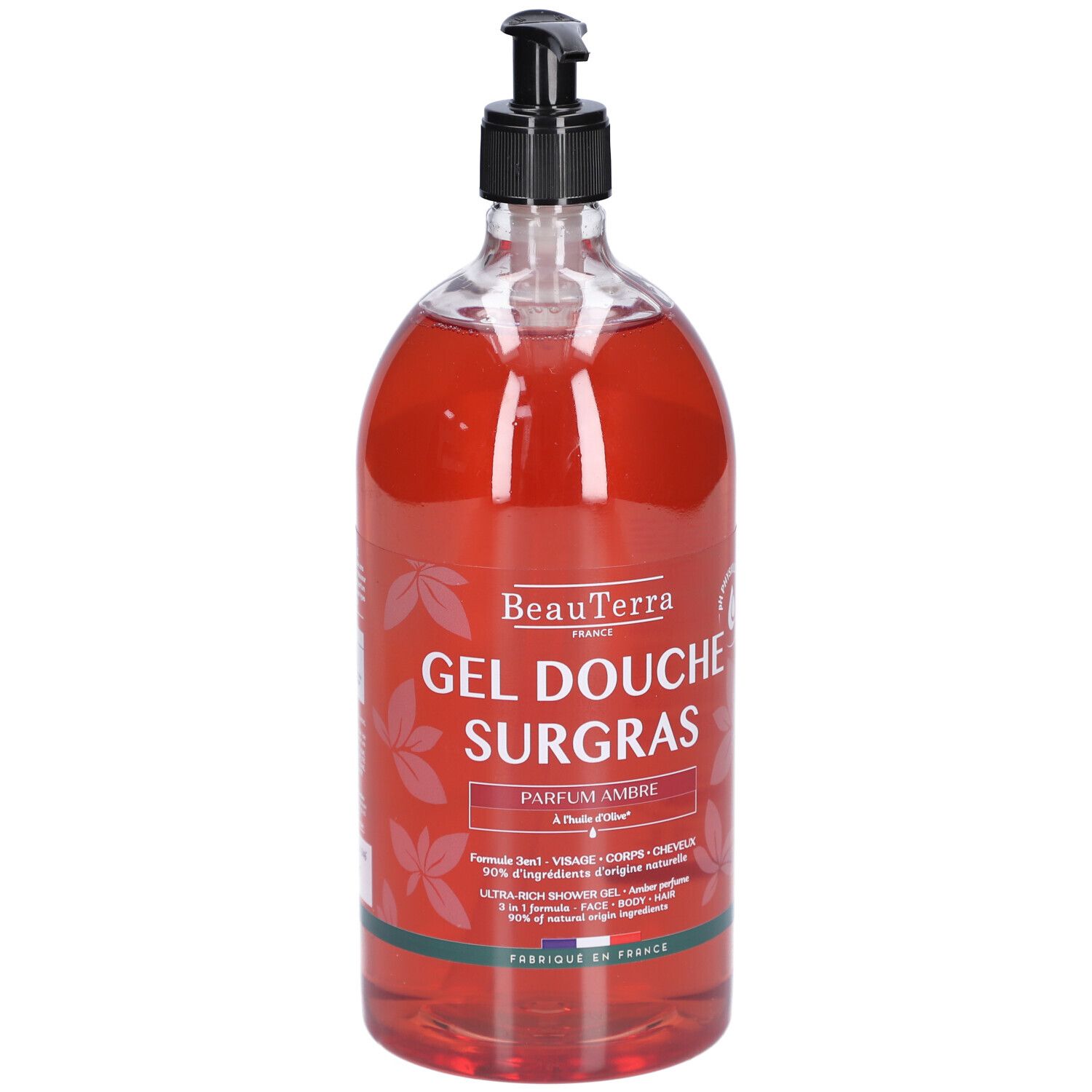 Transparente Flasche mit rotem Duschgel. Schwarzer Spender. Aufschrift: BeauTerra, Gel Douche Surgras, Parfum Ambre.