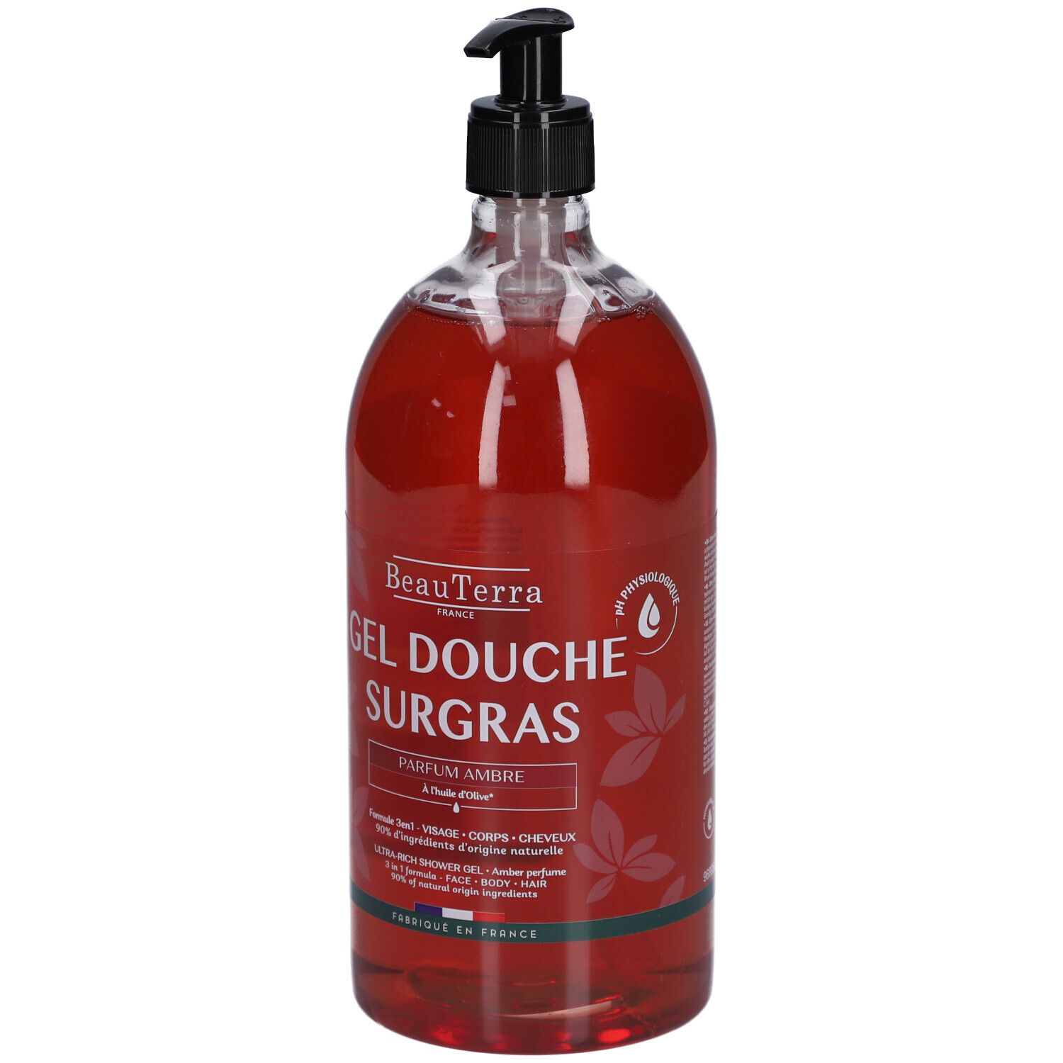 Transparente Flasche mit rotem Duschgel. Schwarzer Spender. Aufschrift: BeauTerra, Gel Douche Surgras, Parfum Ambre.