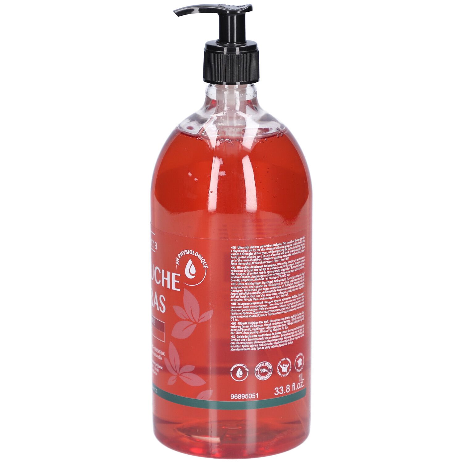 Rückseite der transparenten Flasche mit rotem Duschgel. Schwarzer Spender. Text und Logos. 1L und 33.8 fl.oz.