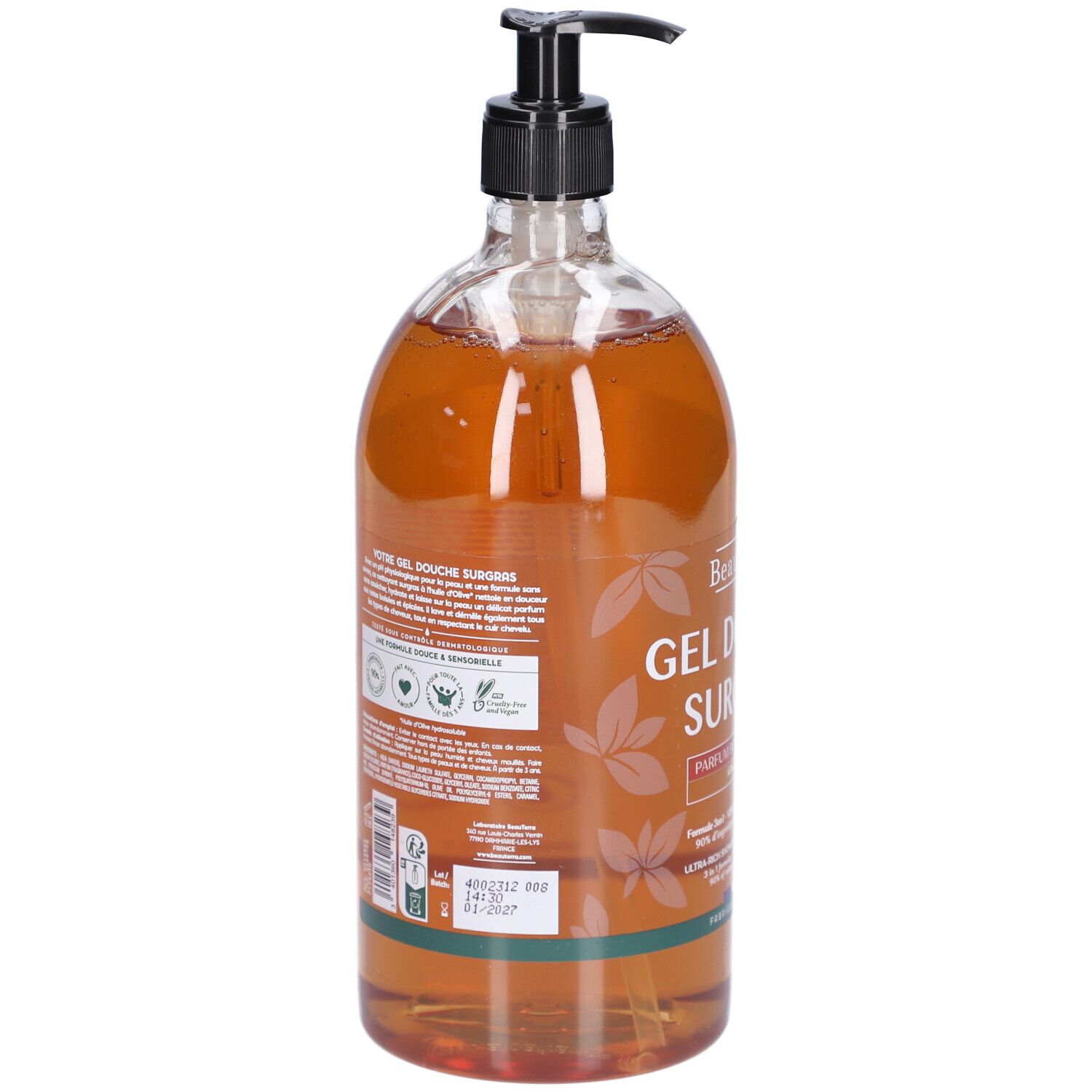 Rückseite der transparenten Flasche mit braunem Duschgel. Schwarzer Spender. Text und Logos.