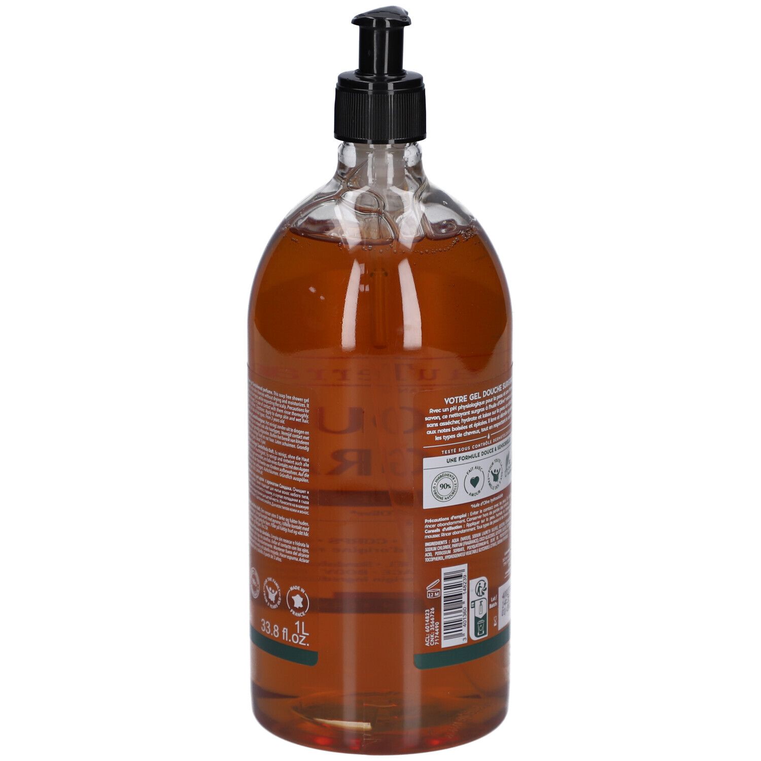 Rückseite der transparenten Flasche mit braunem Duschgel. Schwarzer Spender. Text und Logos.