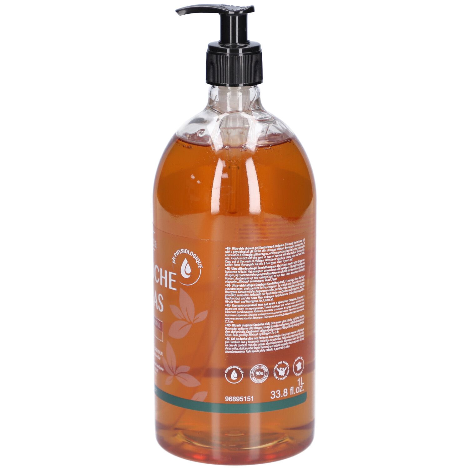 Rückseite der transparenten Flasche mit braunem Duschgel. Schwarzer Spender. Text und Logos.