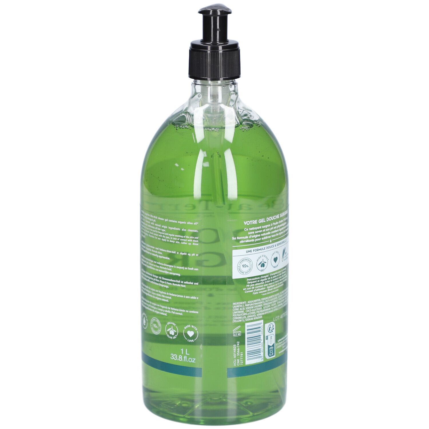 Transparente Flasche mit grünem Duschgel. Schwarzer Pumpkopf. Rückseite mit Text und Logos. Volumenangabe: 1L.