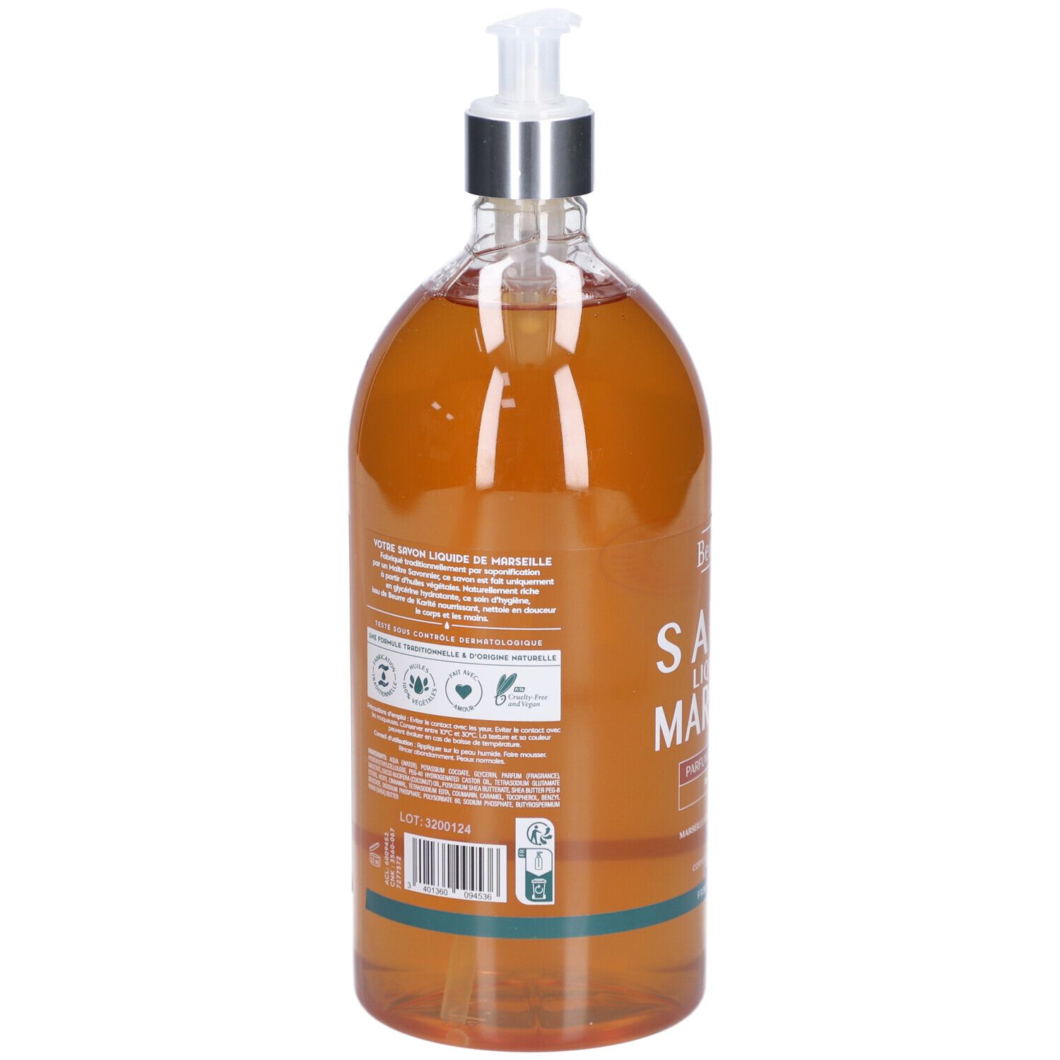 Dos du flacon de savon liquide. Texte: Savon Liquide de Marseille. Contient des informations et des logos.