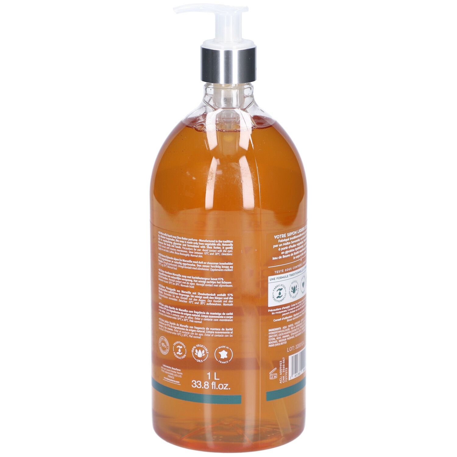 Vue arrière du flacon de savon liquide. Inscription: 1 L, 33.8 fl.oz. Divers logos et texte.