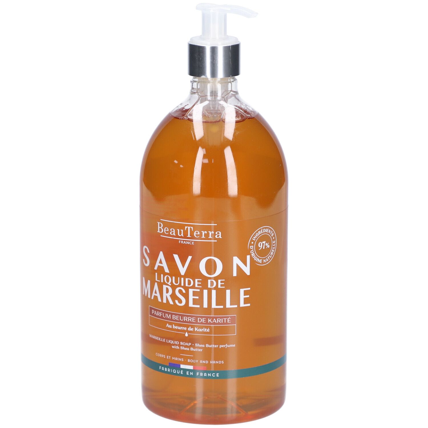 Savon liquide en flacon transparent avec pompe. Inscription: Savon Liquide de Marseille, Parfum beurre de Karité. 97% ingrédients d'origine naturelle.