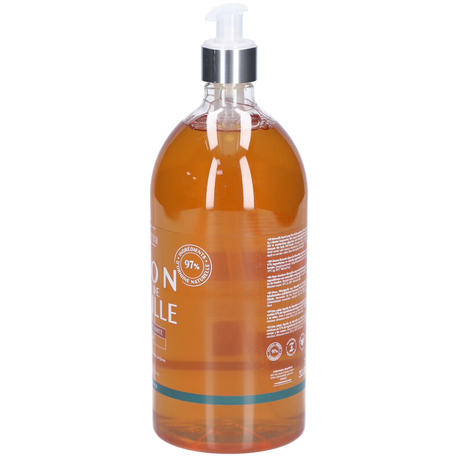 Vue arrière du flacon de savon liquide. Inscription: Savon Liquide de Marseille. 97% ingrédients d'origine naturelle. Logos.