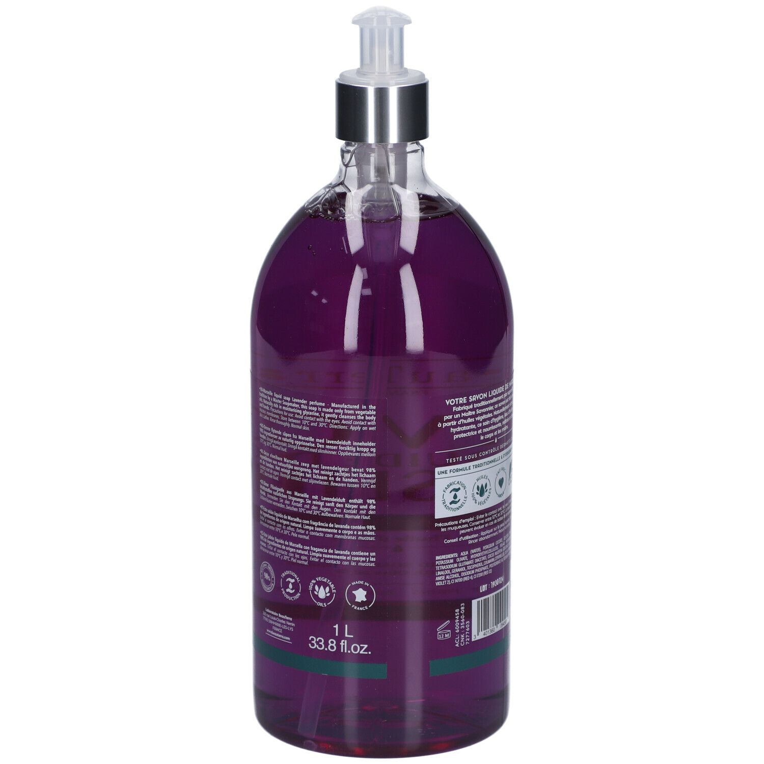 Rückansicht der Flüssigseifenflasche. Aufschrift: 1 L, 33.8 fl.oz. Logos und Text. Enthält Informationen über Inhaltsstoffe und Zertifizierungen.