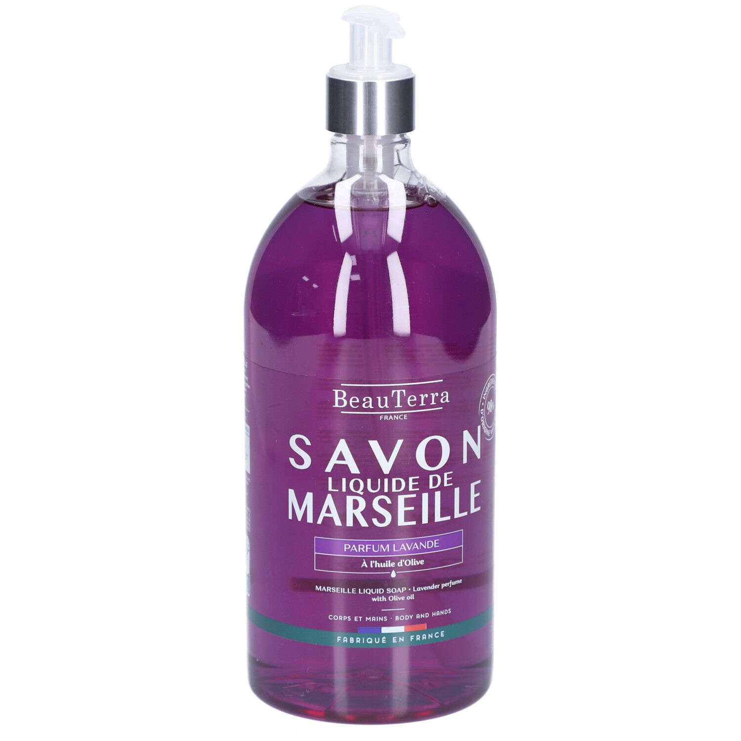 Flüssigseife in einer transparenten Flasche mit Spender. Aufschrift: BeauTerra Savon Liquide de Marseille Parfum Lavande.