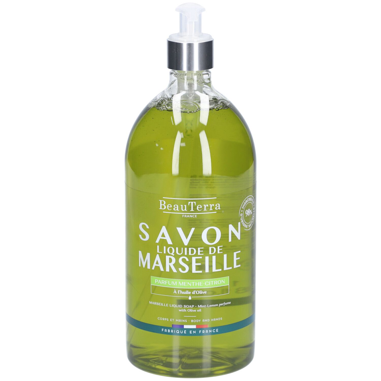 Grüne Flüssigseife in einer transparenten Flasche mit Spender. Aufschrift: Savon Liquide de Marseille. Minze Zitrone.