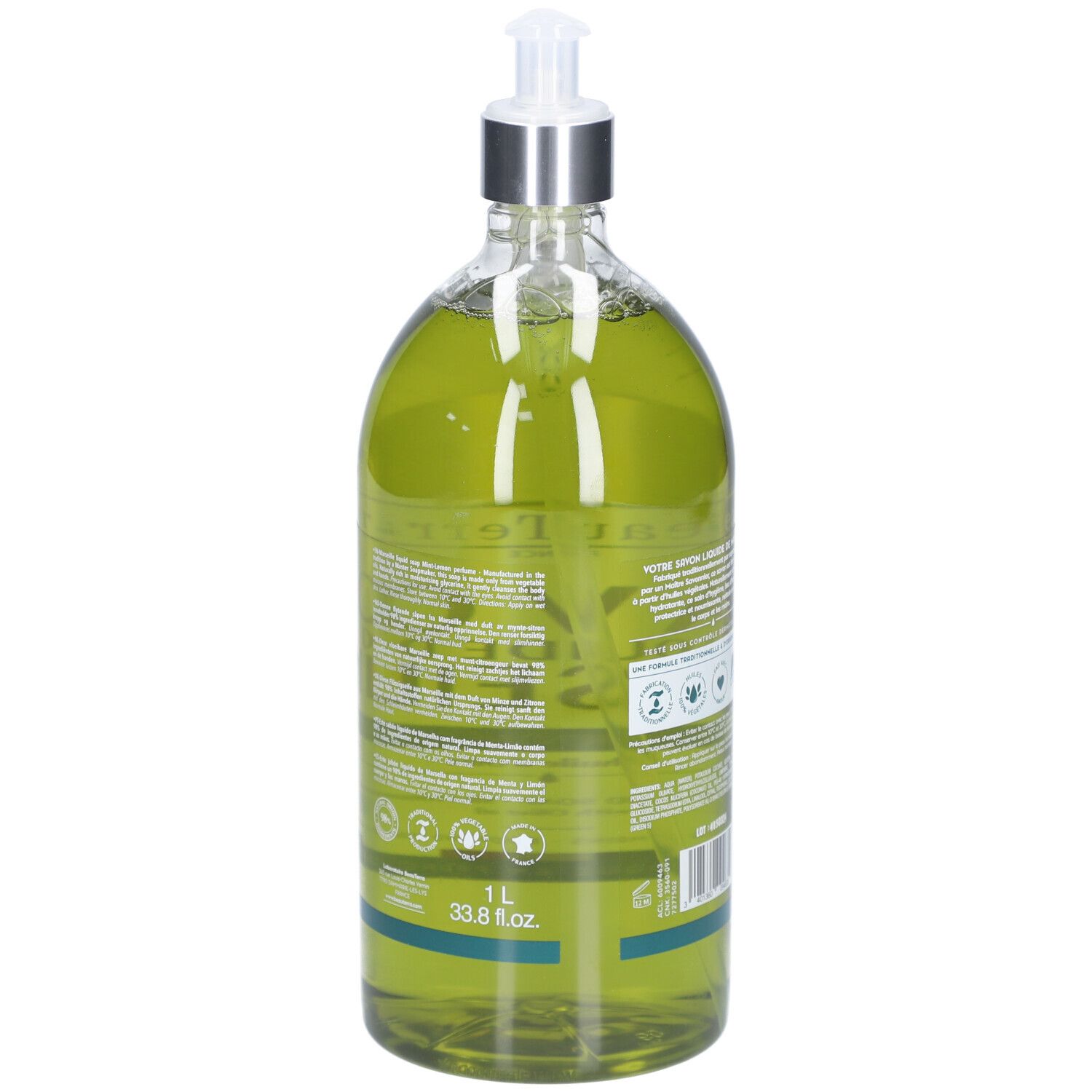 Rückansicht der grünen Flüssigseifenflasche. Aufschrift: 1L, 33.8 fl.oz. Enthält Informationen über Inhaltsstoffe und Zertifizierungen.
