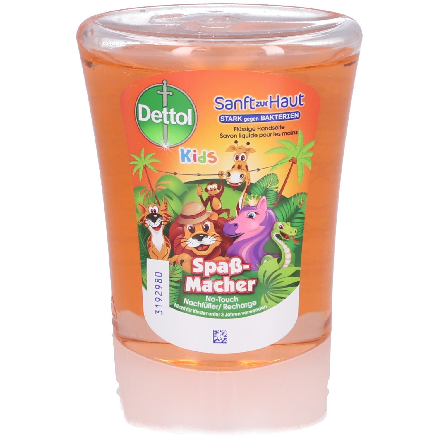 Récipient transparent avec liquide orange. Étiquette avec logo Dettol, motifs enfants et texte 'Spass-Macher'.