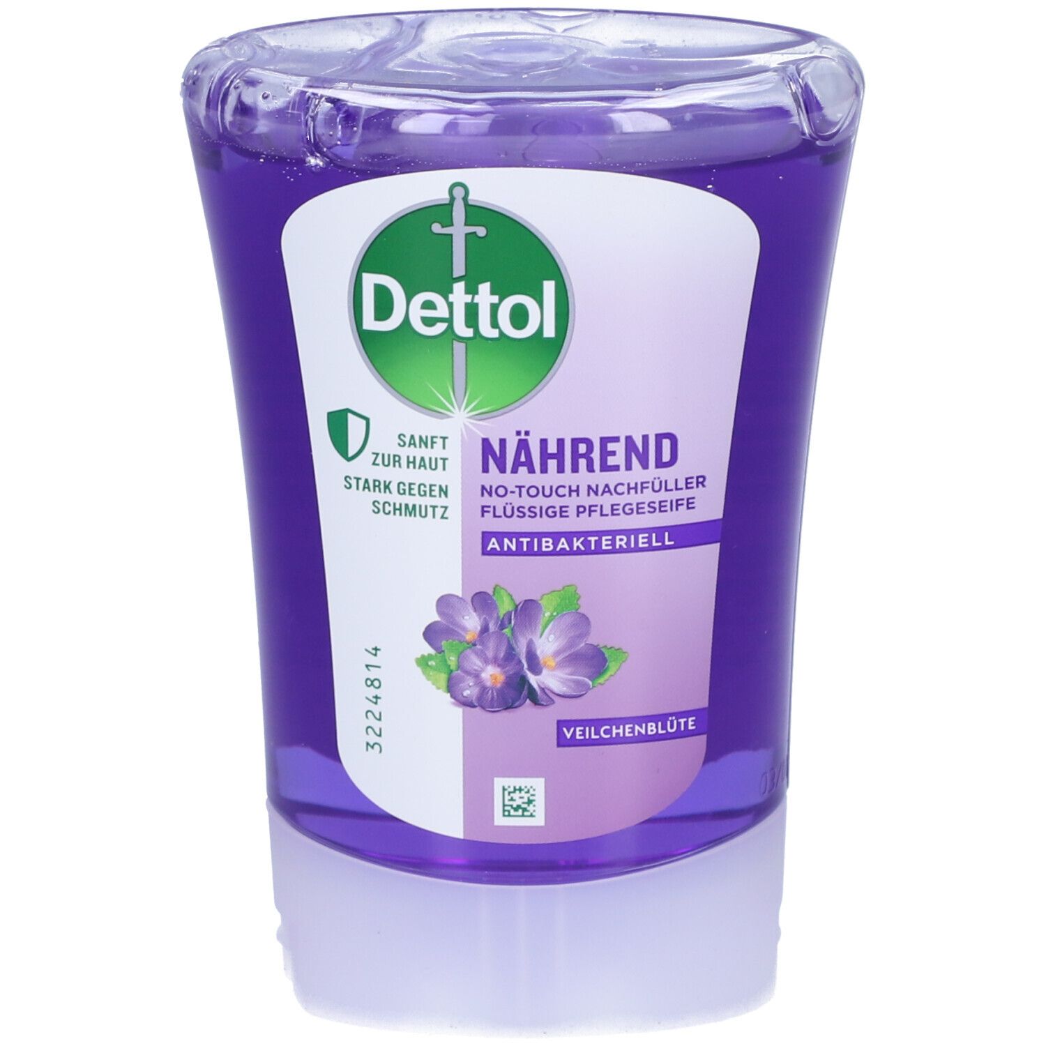 Recharge de savon. Liquide violet dans un récipient transparent. Logo Dettol et informations produit sur le devant.