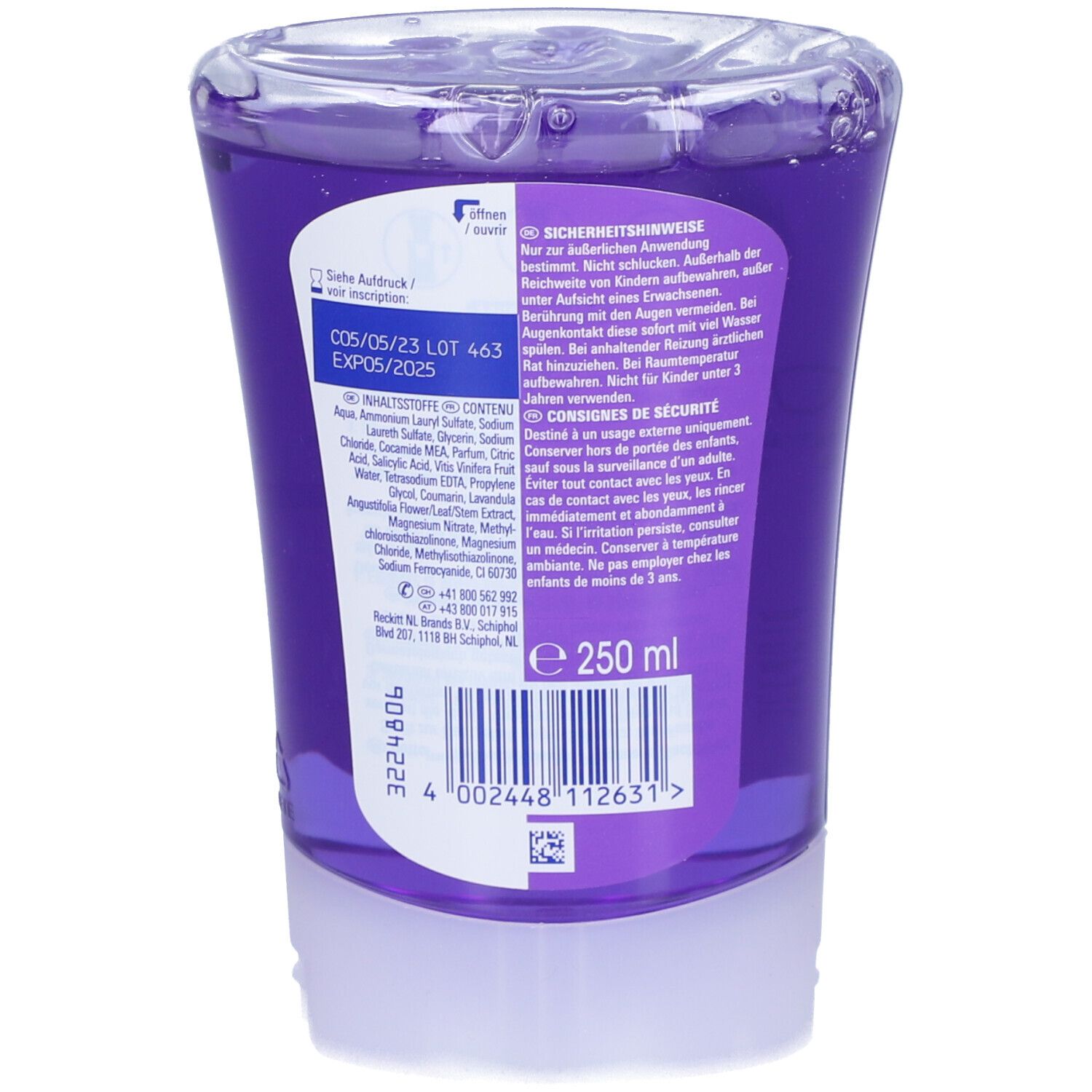 Dos de la recharge de savon. Contient du texte, un code-barres et l'indication du volume. Liquide violet visible.