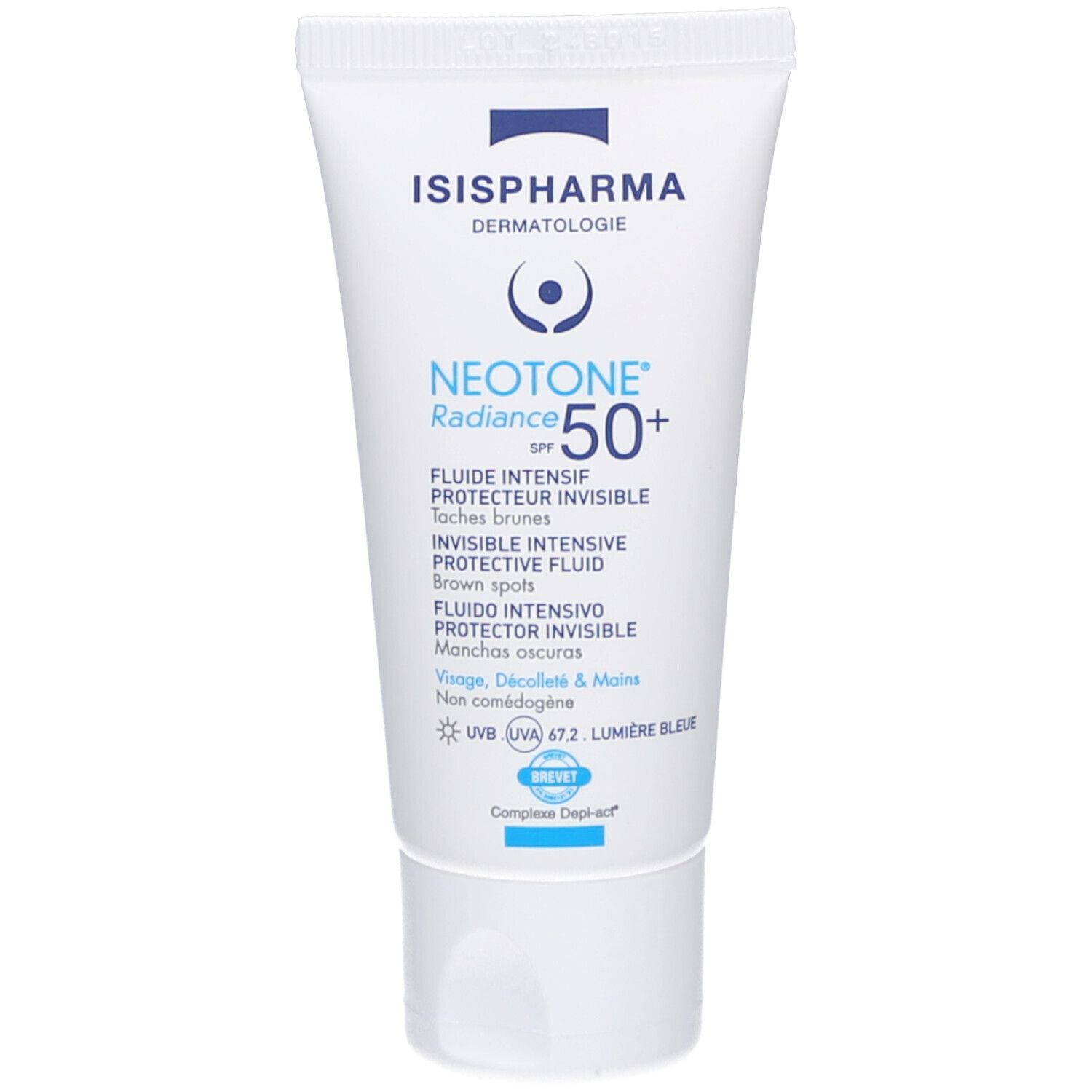 Weiße Tube mit ISIS PHARMA NEOTONE Radiance SPF 50+. Text in Blau. Produkt für Gesicht, Hals und Hände.