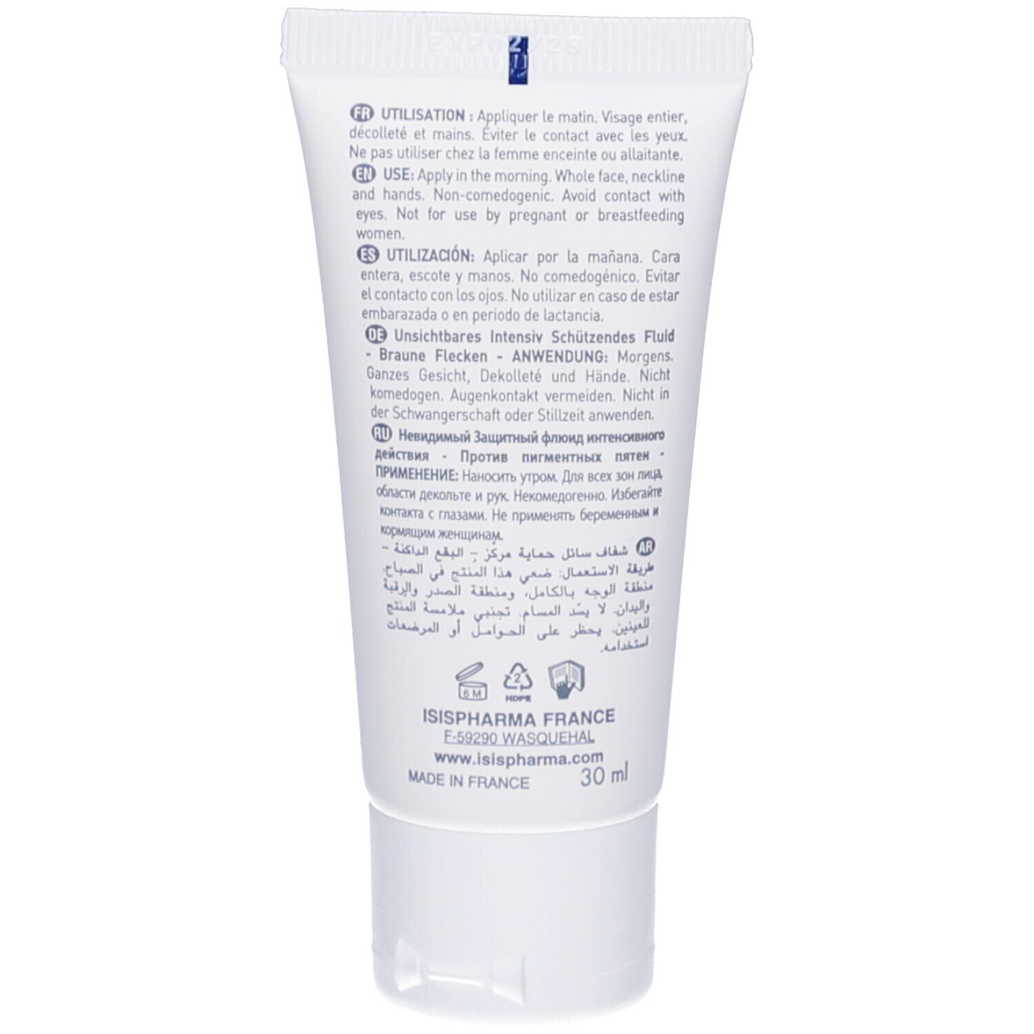 Rückseite der weißen Tube ISIS PHARMA NEOTONE Radiance. Text in mehreren Sprachen. 30 ml.