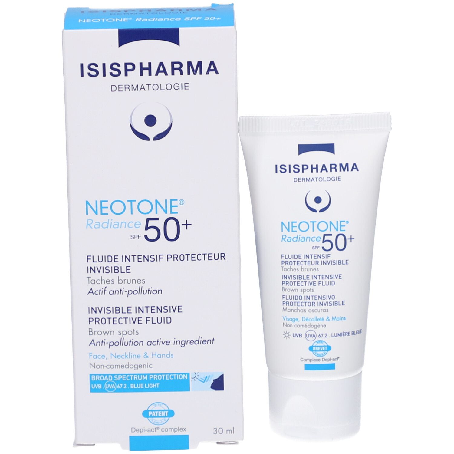 ISIS PHARMA NEOTONE Radiance SPF 50+ Tube und Schachtel. Weiße Verpackung mit blauer Schrift. 30 ml.