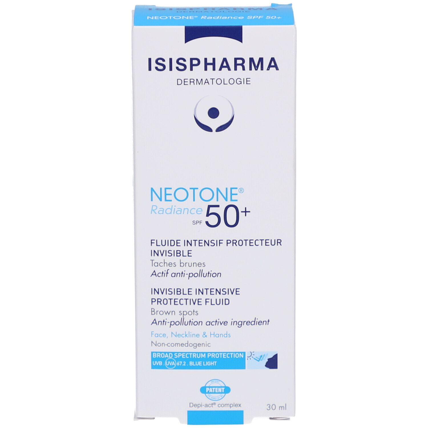 Weiße Schachtel ISIS PHARMA NEOTONE Radiance SPF 50+. Blaue Schrift. Produkt für Gesicht, Hals und Hände. 30 ml.