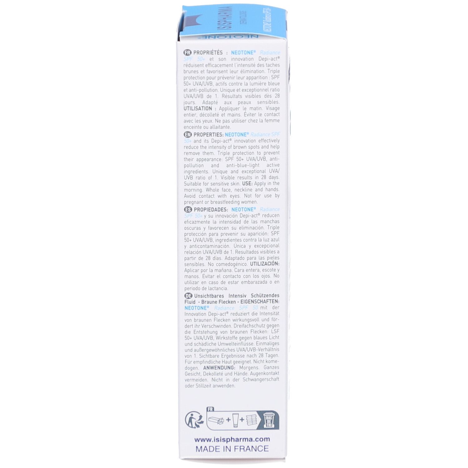 Seite der Schachtel ISIS PHARMA NEOTONE Radiance SPF 50+. Text in mehreren Sprachen. Produktinformationen.