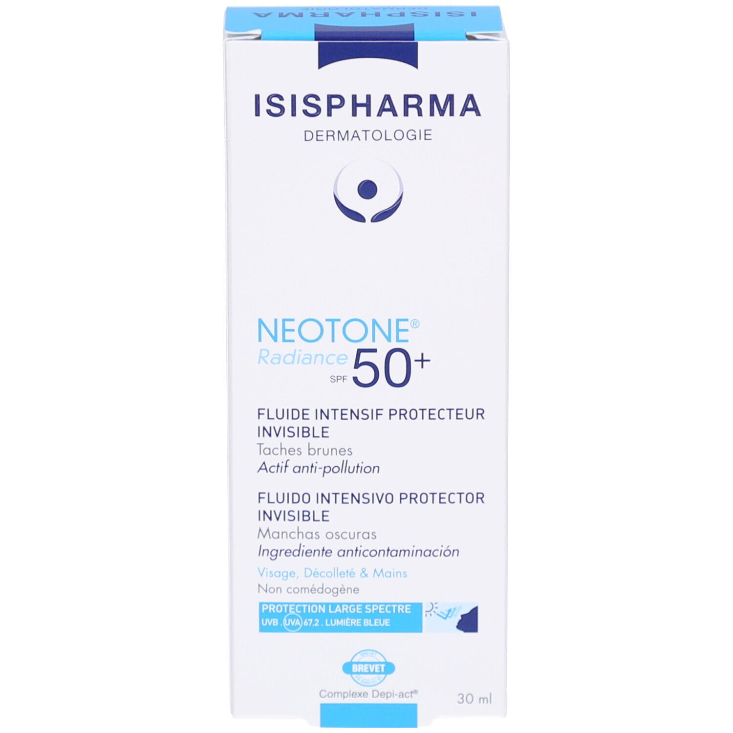 Weiße Schachtel ISIS PHARMA NEOTONE Radiance SPF 50+. Blaue Schrift. Produkt für Gesicht, Hals und Hände. 30 ml.