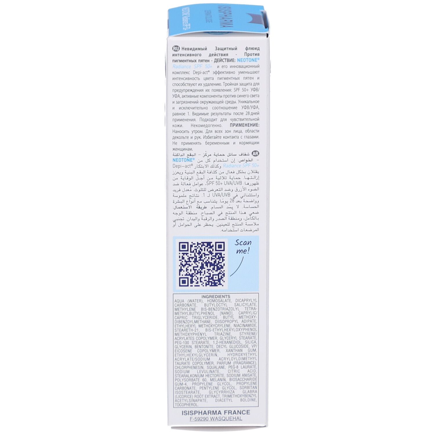 Seite der Schachtel ISIS PHARMA NEOTONE Radiance SPF 50+. Text in mehreren Sprachen. QR-Code.