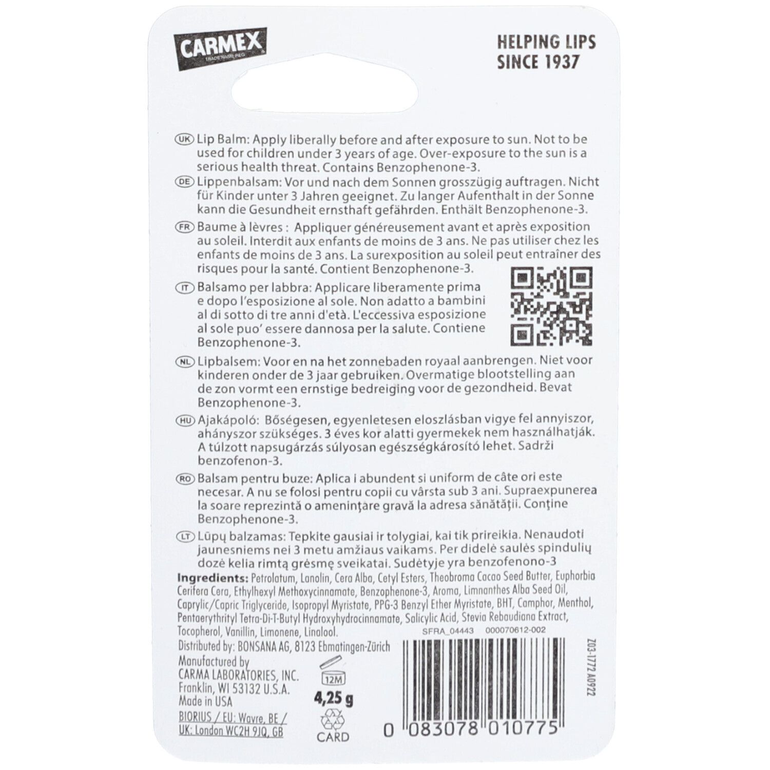 Dos de l'emballage du baume à lèvres CARMEX. Texte multilingue, ingrédients et code QR.