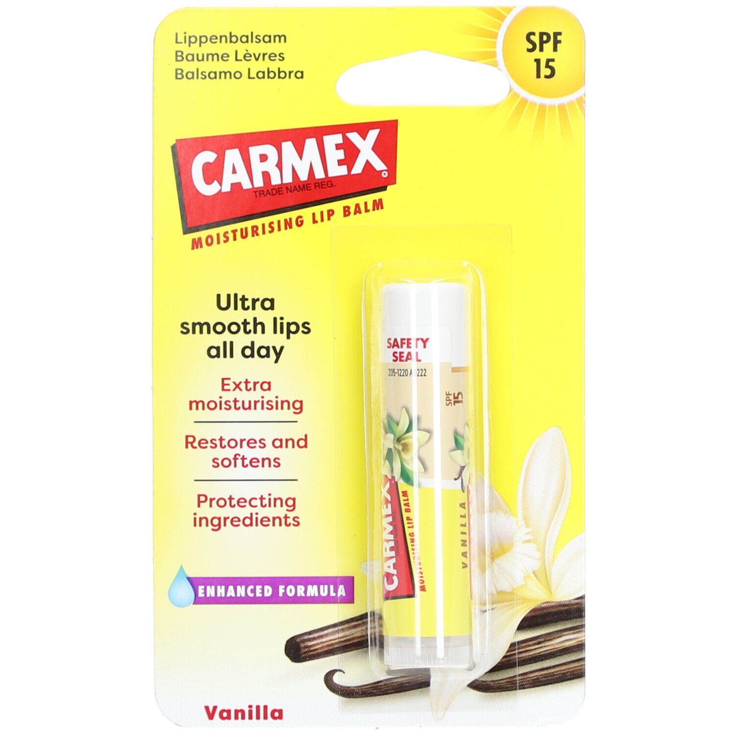 Lipbalsem met vanillesmaak in blisterverpakking. Bevat SPF 15. Productnaam en logo duidelijk zichtbaar.