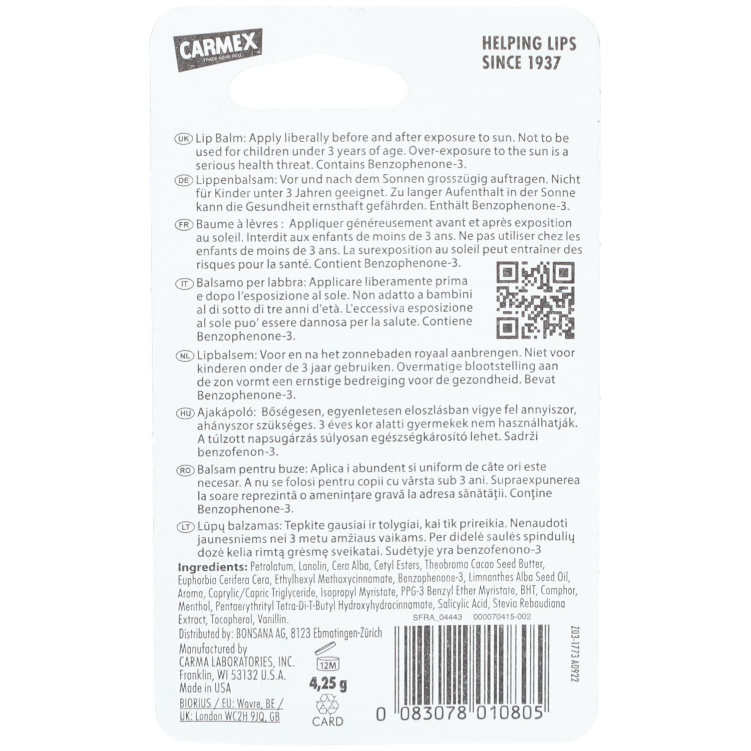 Achterkant van de lipbalsemverpakking. Tekst in meerdere talen, QR-code en ingrediënten zichtbaar.