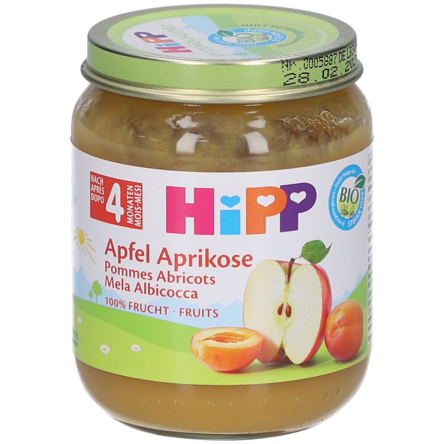 Pot de purée HiPP Bio-Pomme-Abricot. Étiquette avec nom du produit, illustrations de fruits et label bio. Couvercle avec date de péremption.