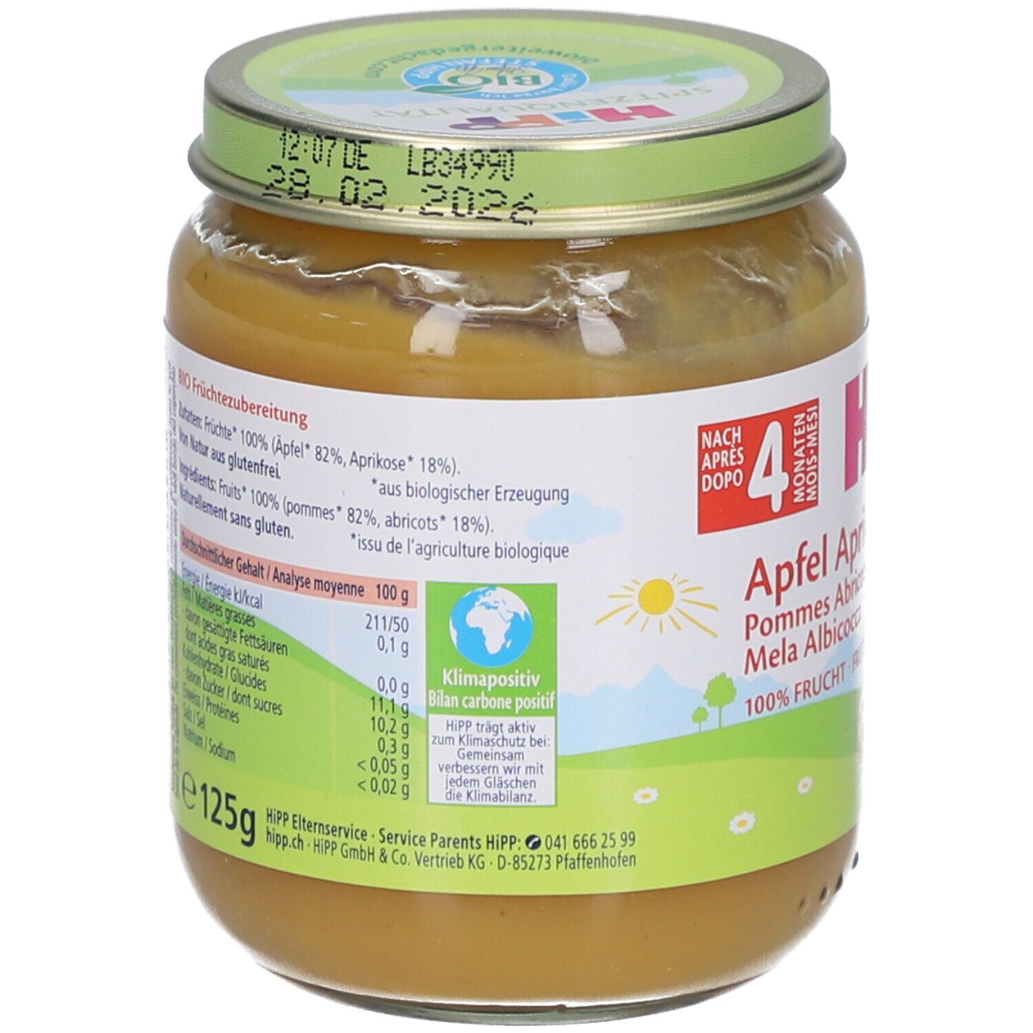 Dos du pot de purée HiPP Bio-Pomme-Abricot. Contient informations nutritionnelles, liste des ingrédients et label bio. 125g.