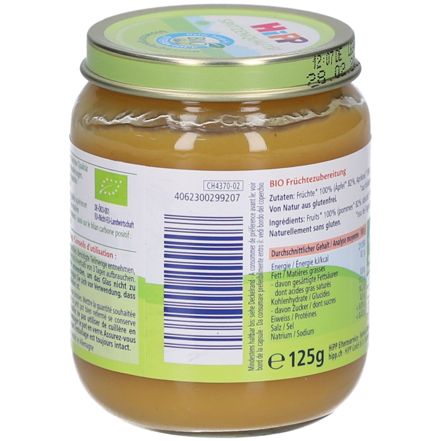 Dos du pot de purée HiPP Bio-Pomme-Abricot. Code-barres, liste des ingrédients et label bio. 125g.