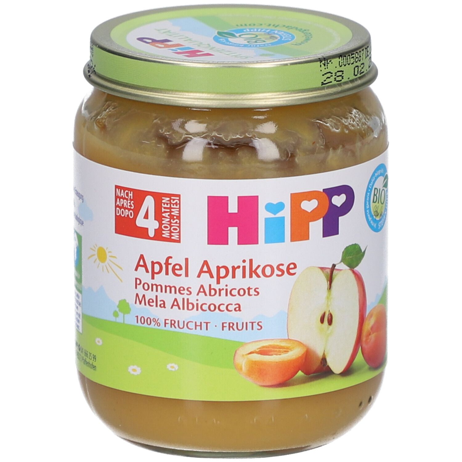 Pot de purée HiPP Bio-Pomme-Abricot. Étiquette avec nom du produit, illustrations de fruits et label bio. Couvercle avec date de péremption.