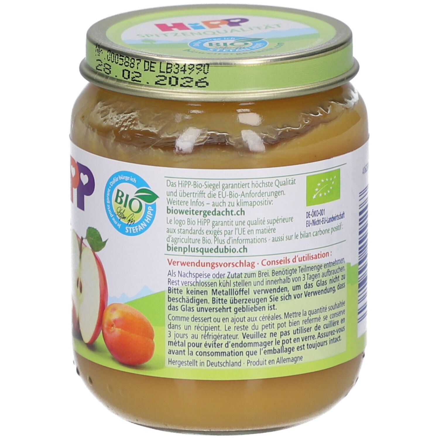 Dos du pot de purée HiPP Bio-Pomme-Abricot. Contient informations, label bio et date de péremption. 125g.