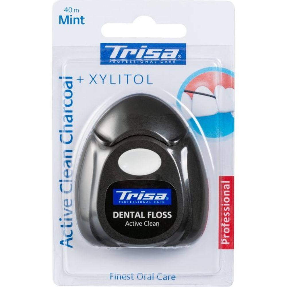 Distributeur de fil dentaire noir Trisa Active Clean Charcoal, saveur menthe. 40m. Emballage blister.