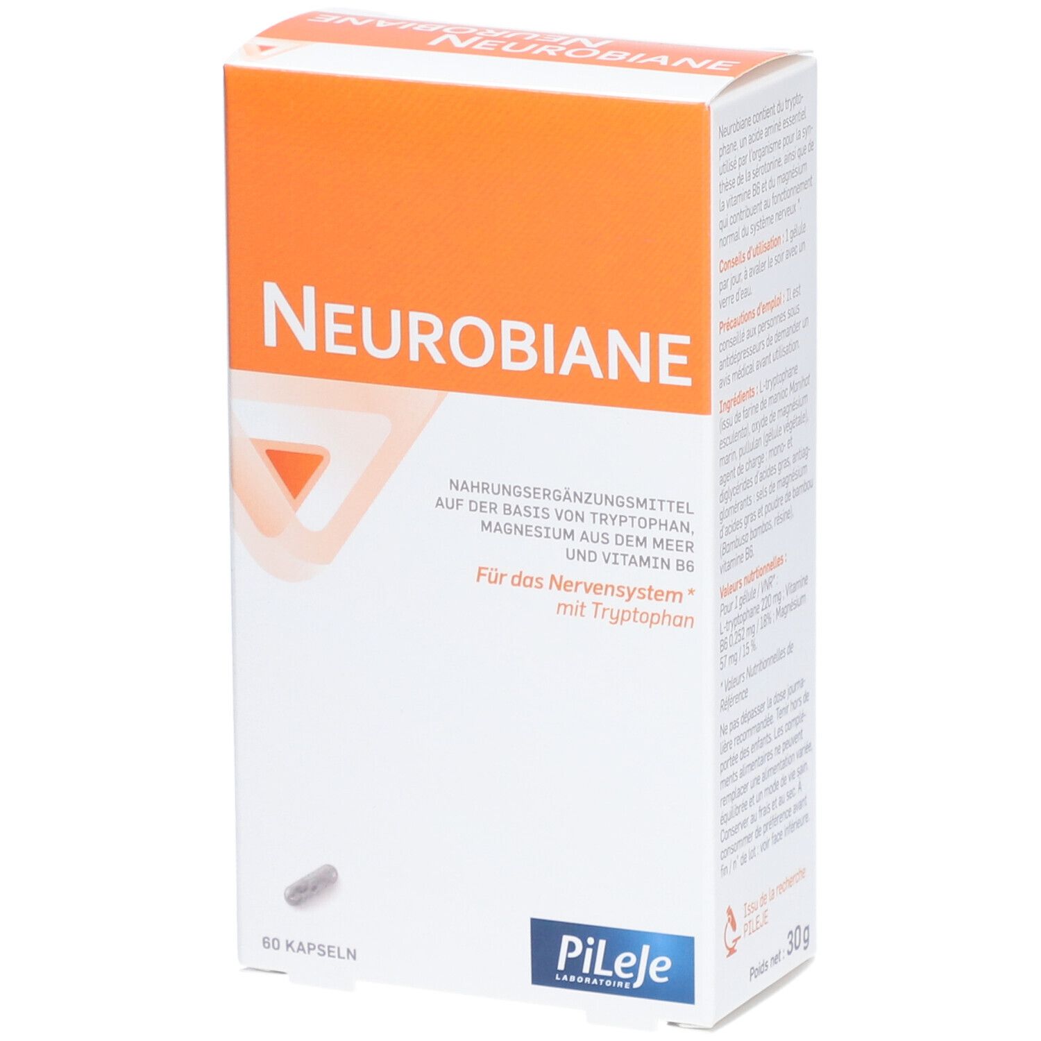 Boîte "NEUROBIANE" avec 60 gélules. Couvercle orange avec texte blanc. Marque : Pileje.