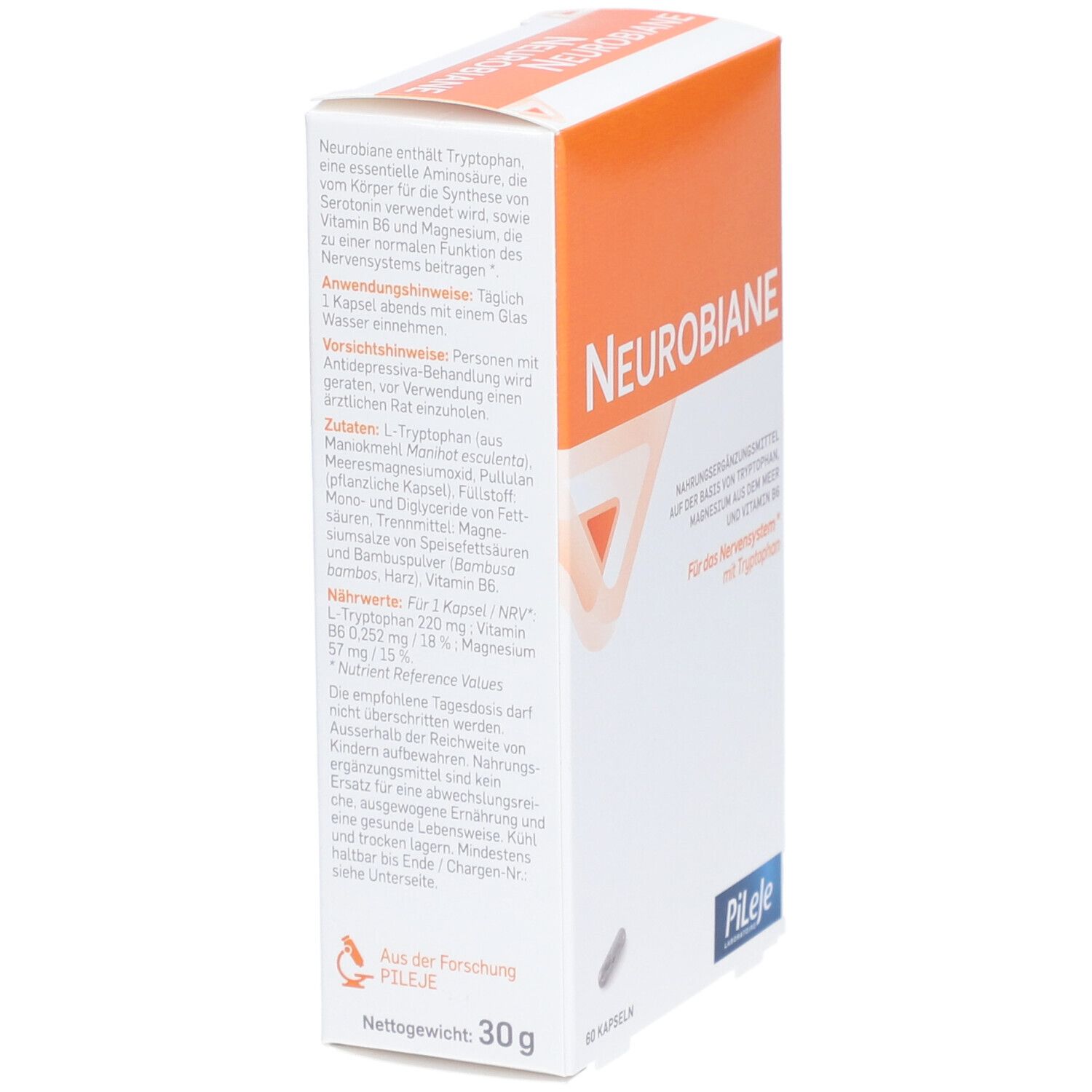 Vue latérale de la boîte "NEUROBIANE". Couvercle orange. Texte et informations sur fond blanc. Marque : Pileje.